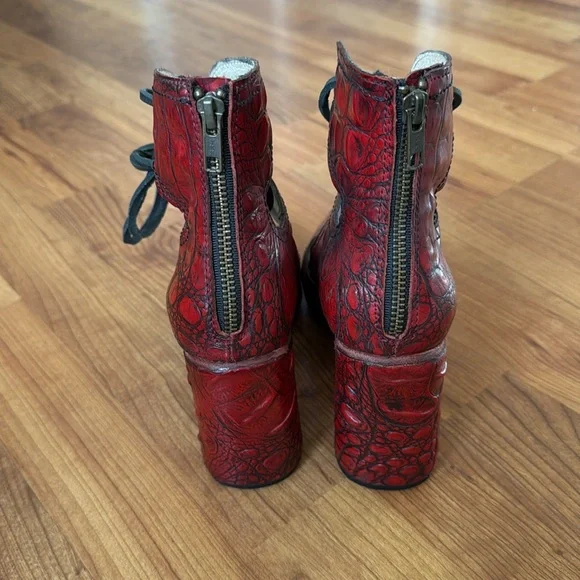 Freebird by Steven Red Croc-Embossed Lace-Up Heels - Picture 3 of 6